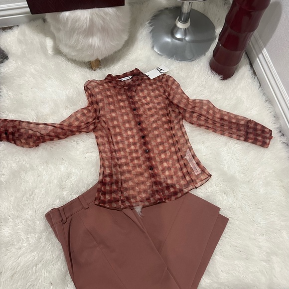 Zara print transparent shirt and wide cropped pants - Picture 7 of 12